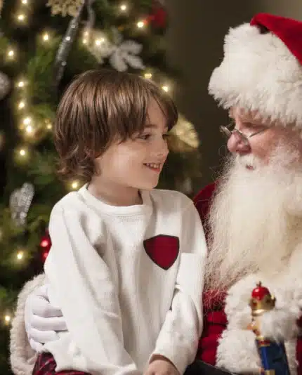 A young boy sits on Santa Claus’s lap, smiling, in front of a decorated Christmas tree with lights and ornaments.