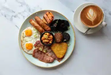 Full Irish breakfast with a latte