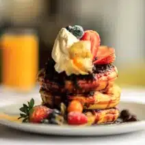 Stack of pancakes with cream and berries