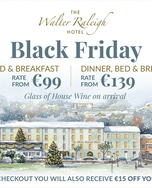 Illustrated snowy hotel frontage with Christmas trees, lit windows, riverfront view, festive décor, bed & breakfast offer and 25% off badge