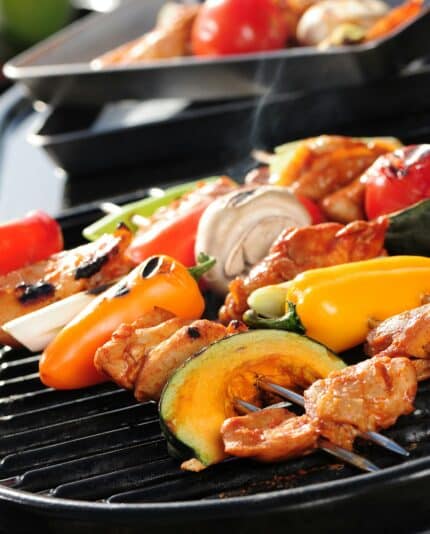 chicken and veg skewers on bbq